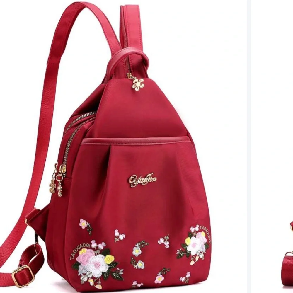 9. Yuejin Backpack in Red with Embroidered Flowers